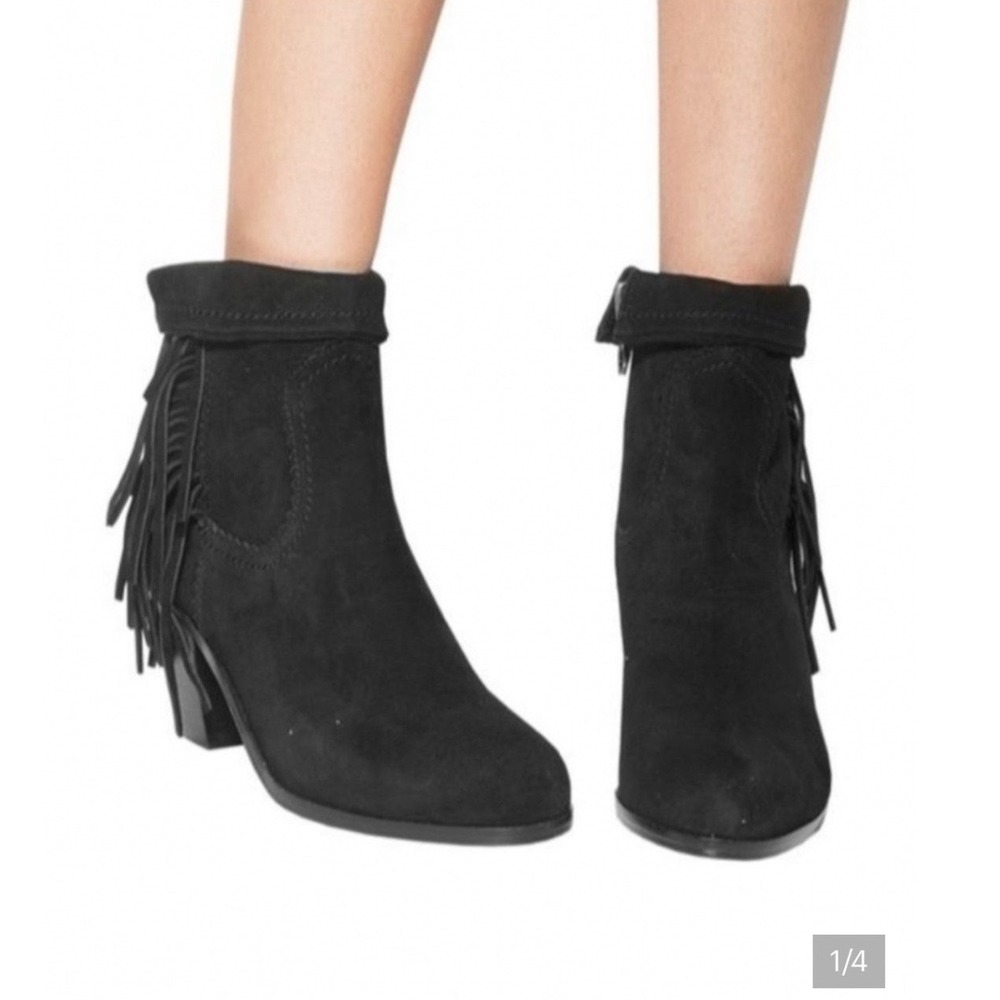 Sam Edelman Louie Black Suede Fringe Ankle Boots Womens 9M Western Booties